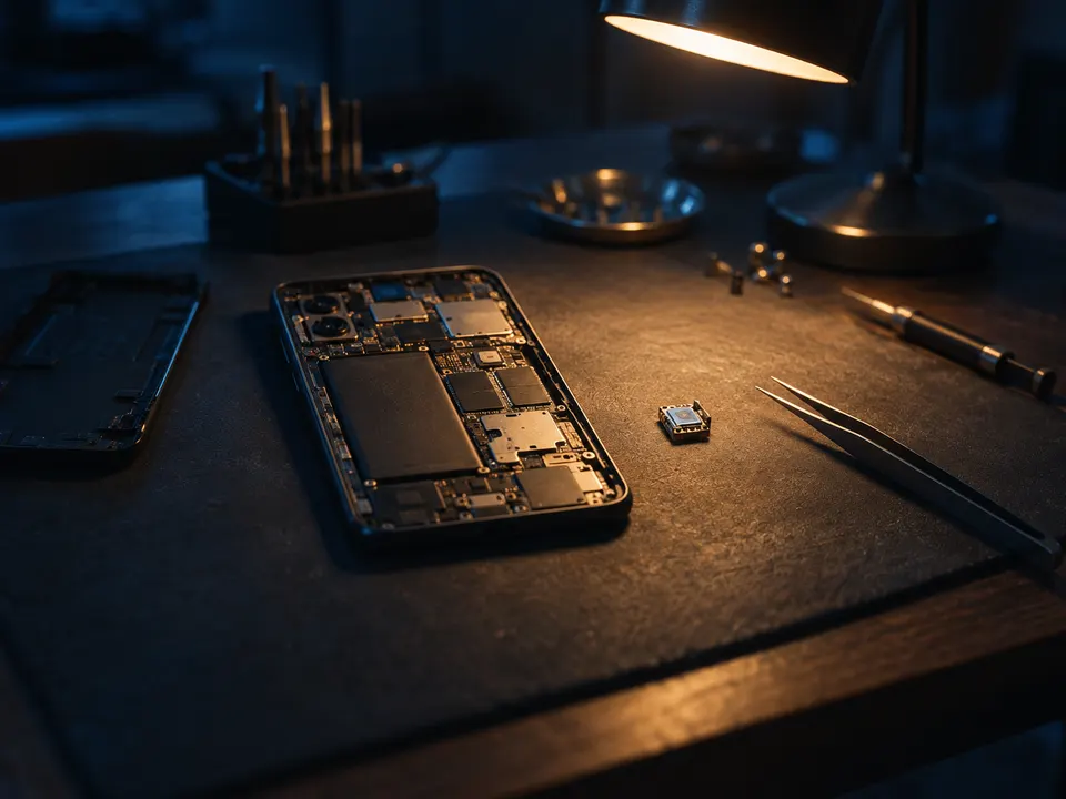 Bancada técnica com celular aberto, um microtransmissor ao lado e pinça de precisão sob luz focada