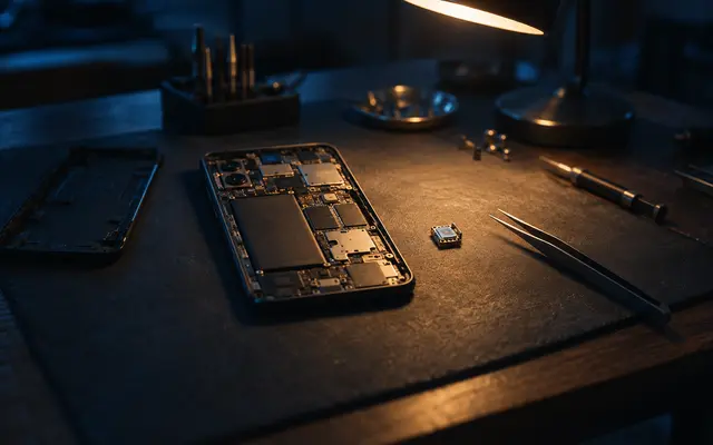 Bancada técnica com celular aberto, um microtransmissor ao lado e pinça de precisão sob luz focada
