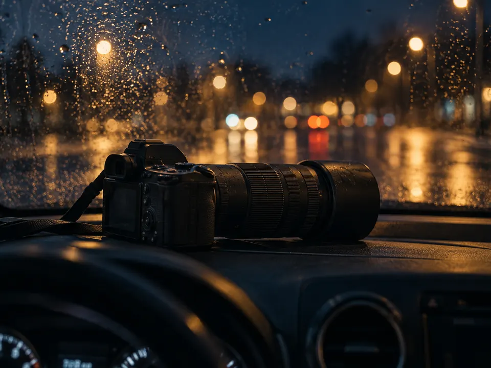 Interior de carro à noite com câmera fotográfica e teleobjetiva sobre o painel, diante do para-brisa com chuva