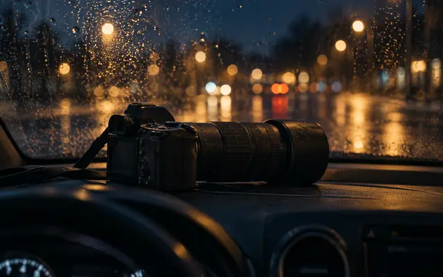 Interior de carro à noite com câmera fotográfica e teleobjetiva sobre o painel, diante do para-brisa com chuva