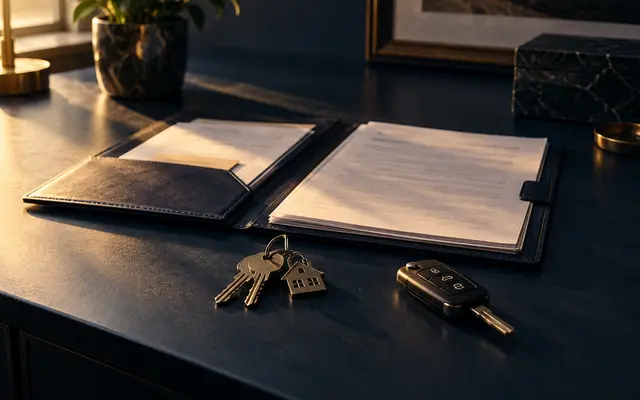 Pasta de documentos aberta sobre a mesa, ao lado de chaves de imóvel e de uma chave de carro