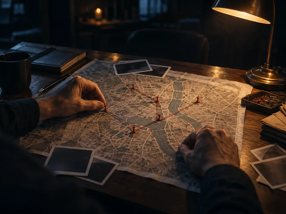 Mãos sobre um mapa impresso da cidade com alfinetes ligados por fio vermelho, fotos e luminária de mesa