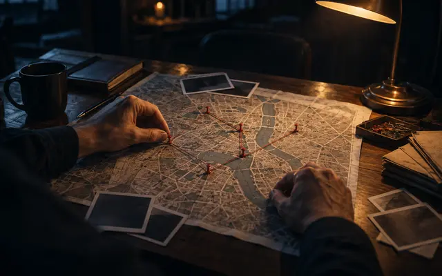Mãos sobre um mapa impresso da cidade com alfinetes ligados por fio vermelho, fotos e luminária de mesa