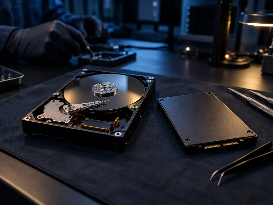 Disco rígido aberto com os pratos à mostra ao lado de um SSD sobre manta antiestática, com ferramentas de precisão