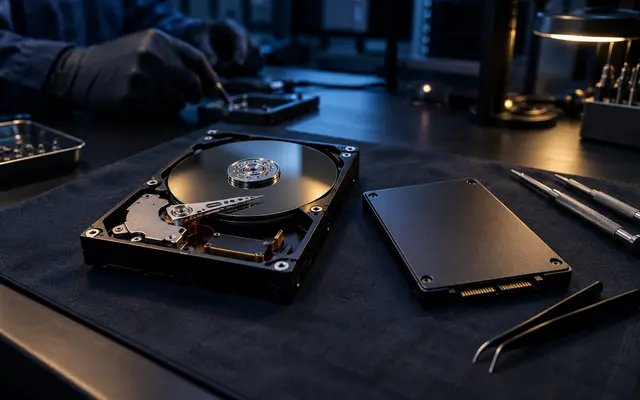 Disco rígido aberto com os pratos à mostra ao lado de um SSD sobre manta antiestática, com ferramentas de precisão