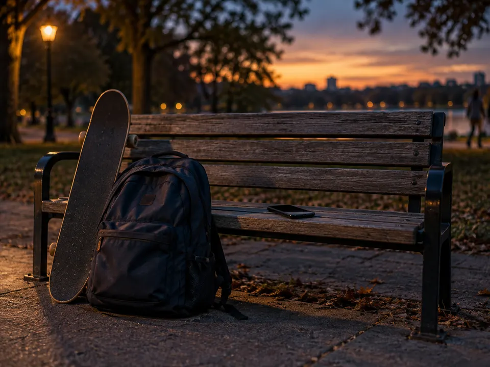 Mochila escolar e skate encostados num banco de praça ao entardecer, com um celular sobre o banco