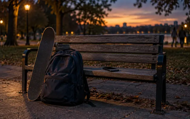Mochila escolar e skate encostados num banco de praça ao entardecer, com um celular sobre o banco