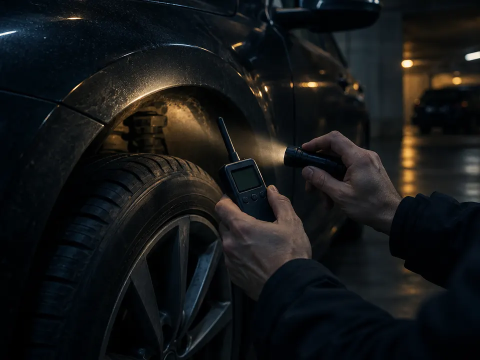 Mãos de técnico com detector de sinais e lanterna inspecionando a caixa de roda de um carro numa garagem escura