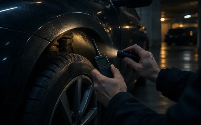 Mãos de técnico com detector de sinais e lanterna inspecionando a caixa de roda de um carro numa garagem escura